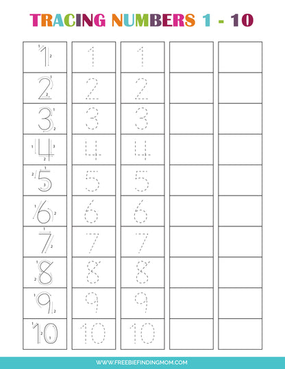 Tracing Numbers Worksheets (7 Pages)