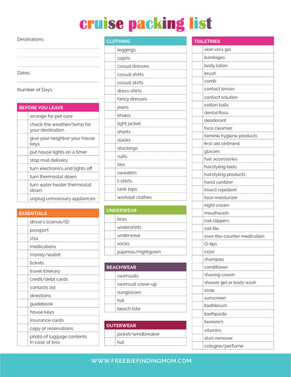 Cruise Packing List (2 Pages)