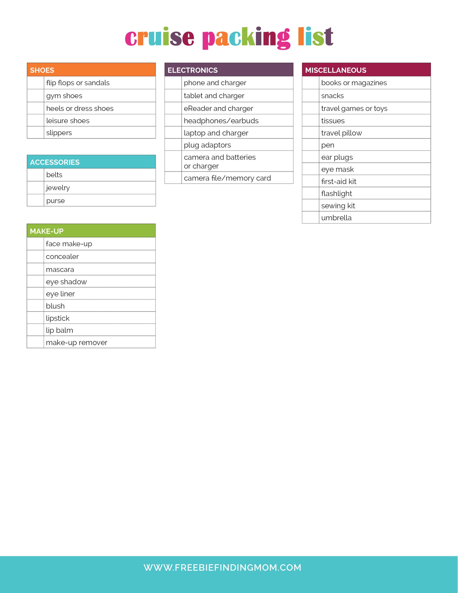 Freebie Packing Free Printable Cruise Packing List (2 Pages) - Freebie Finding Mom