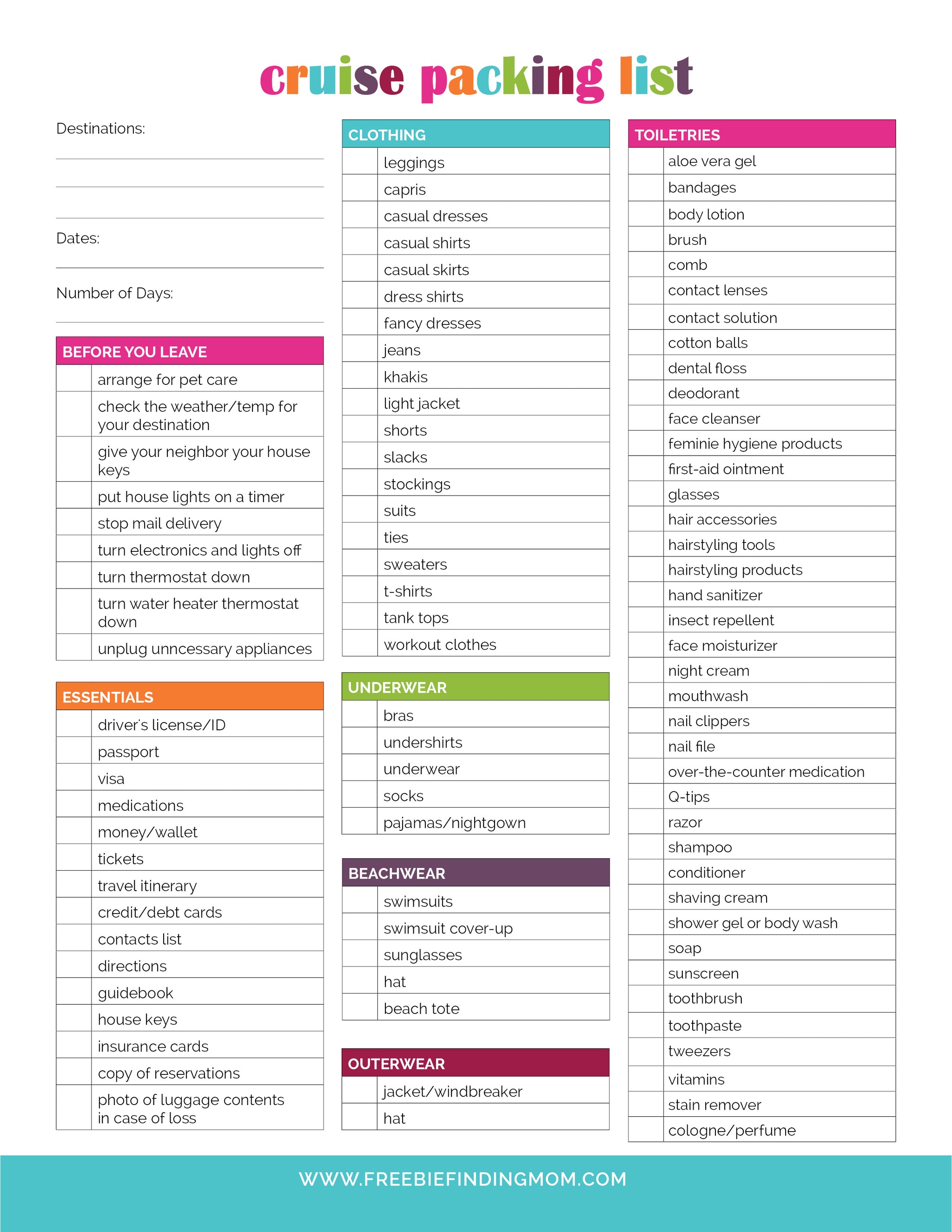 Freebie Packing Free Printable Cruise Packing List (2 Pages) - Freebie Finding Mom