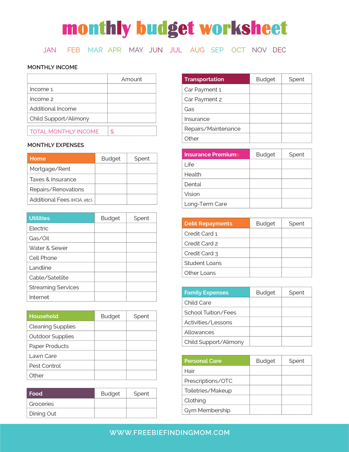 Monthly Budget Worksheets (2 Pages)