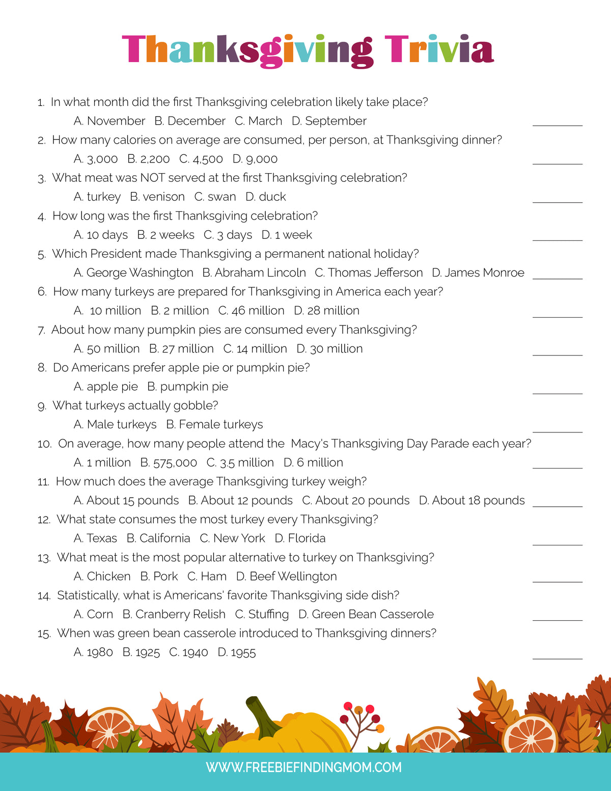Thanksgiving Trivia Questions and Answers (15 Questions)