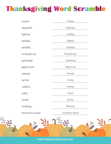 Thanksgiving Word Scramble + Answers – Freebie Finding Mom