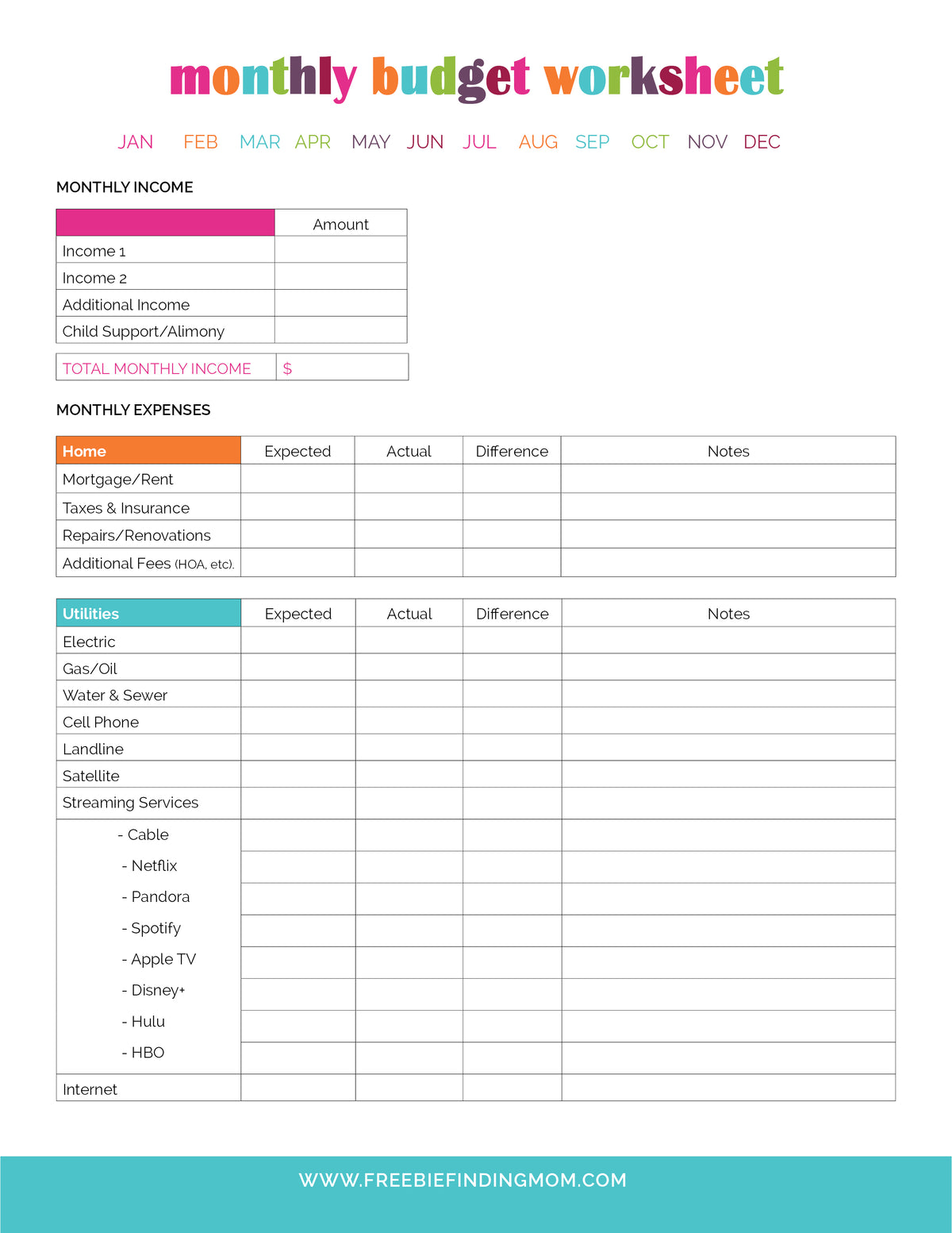 Monthly Budget Planner (4 Pages)