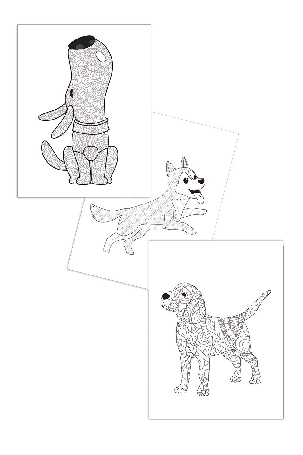Dog Coloring Pages For Adults and Kids (3 Pages)